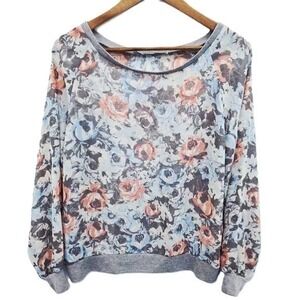 Cozycore Romantic Womens L‎ Sheer Gray Floral Long Sleeve Pullover Blouse Top